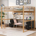 Gold+Black Full Size Metal Loft Bed with Desk, Drawers, Charging Station, and USB