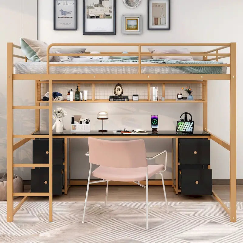 Gold+Black Full Size Metal Loft Bed with Desk, Drawers, Charging Station, and USB