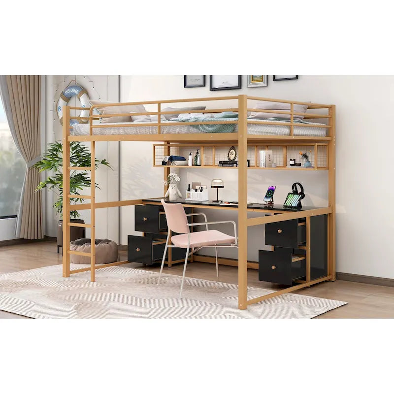Gold+Black Full Size Metal Loft Bed with Desk, Drawers, Charging Station, and USB