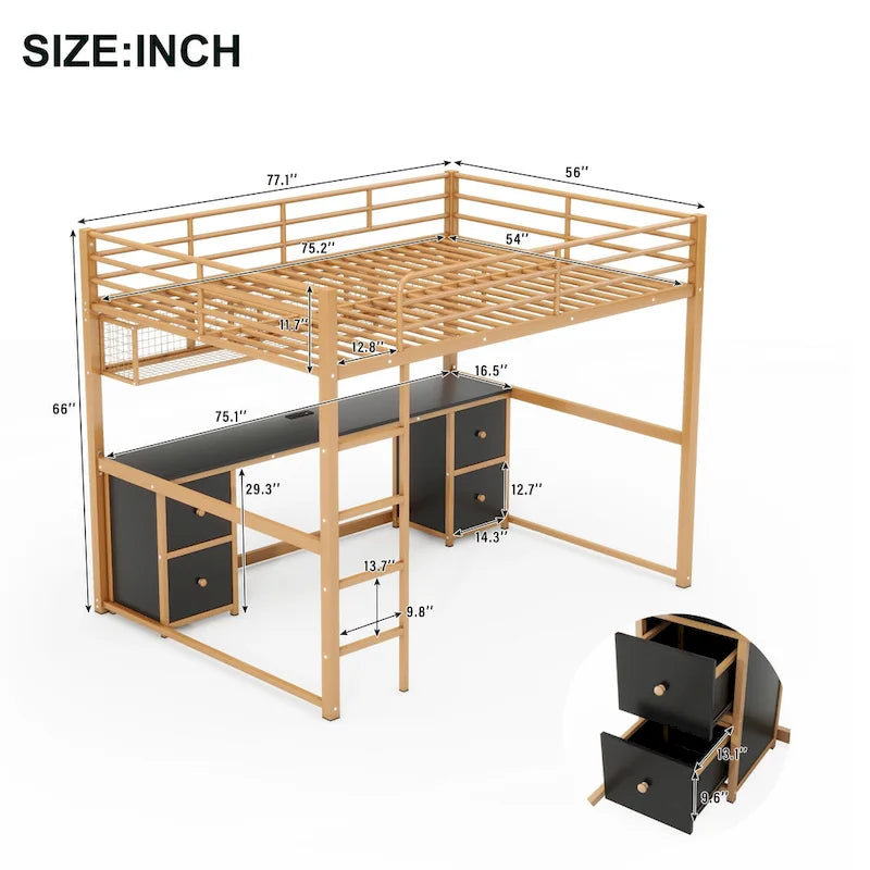 Gold+Black Full Size Metal Loft Bed with Desk, Drawers, Charging Station, and USB