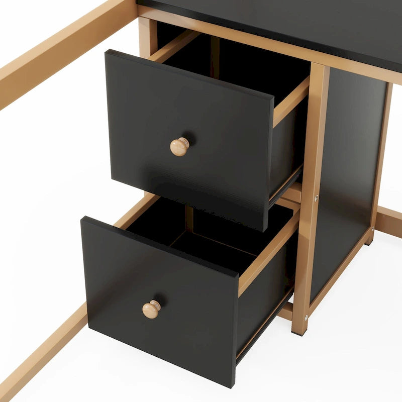 Gold+Black Full Size Metal Loft Bed with Desk, Drawers, Charging Station, and USB