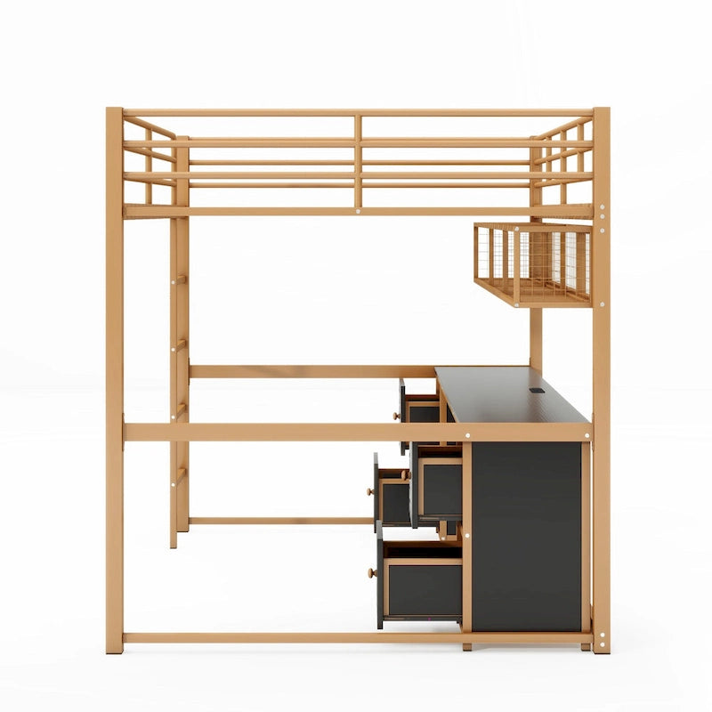 Gold+Black Full Size Metal Loft Bed with Desk, Drawers, Charging Station, and USB