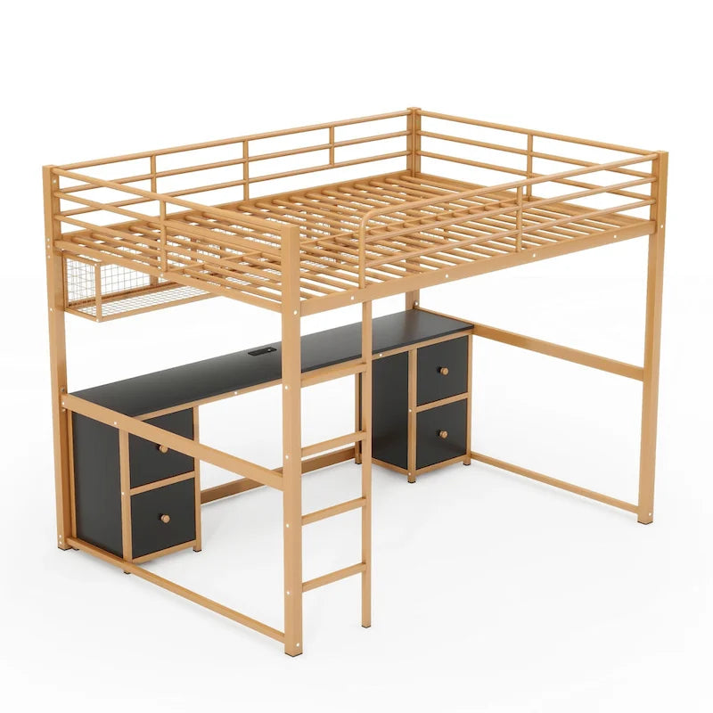 Gold+Black Full Size Metal Loft Bed with Desk, Drawers, Charging Station, and USB