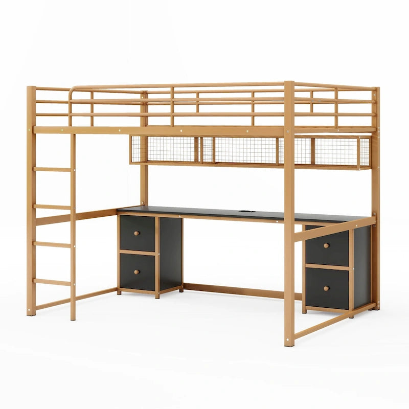 Gold+Black Full Size Metal Loft Bed with Desk, Drawers, Charging Station, and USB