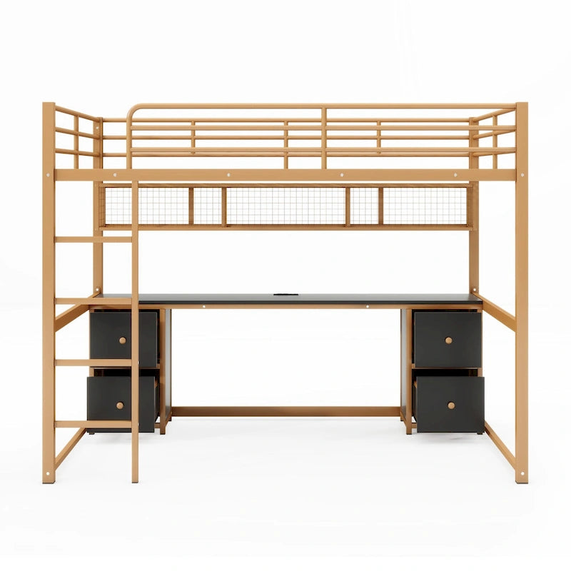 Gold+Black Full Size Metal Loft Bed with Desk, Drawers, Charging Station, and USB