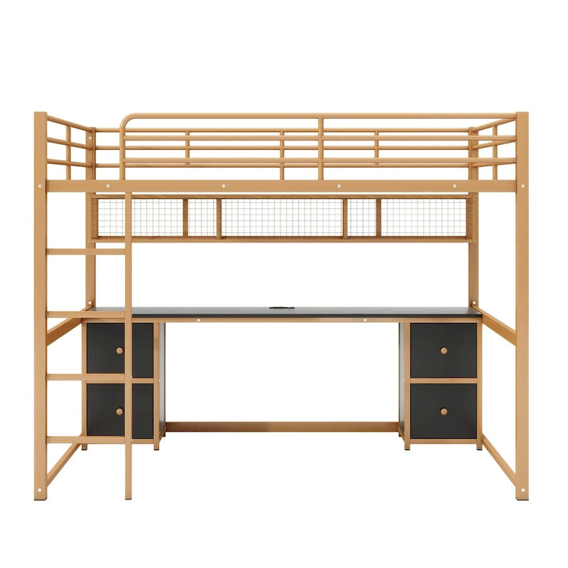 Gold+Black Full Size Metal Loft Bed with Desk, Drawers, Charging Station, and USB