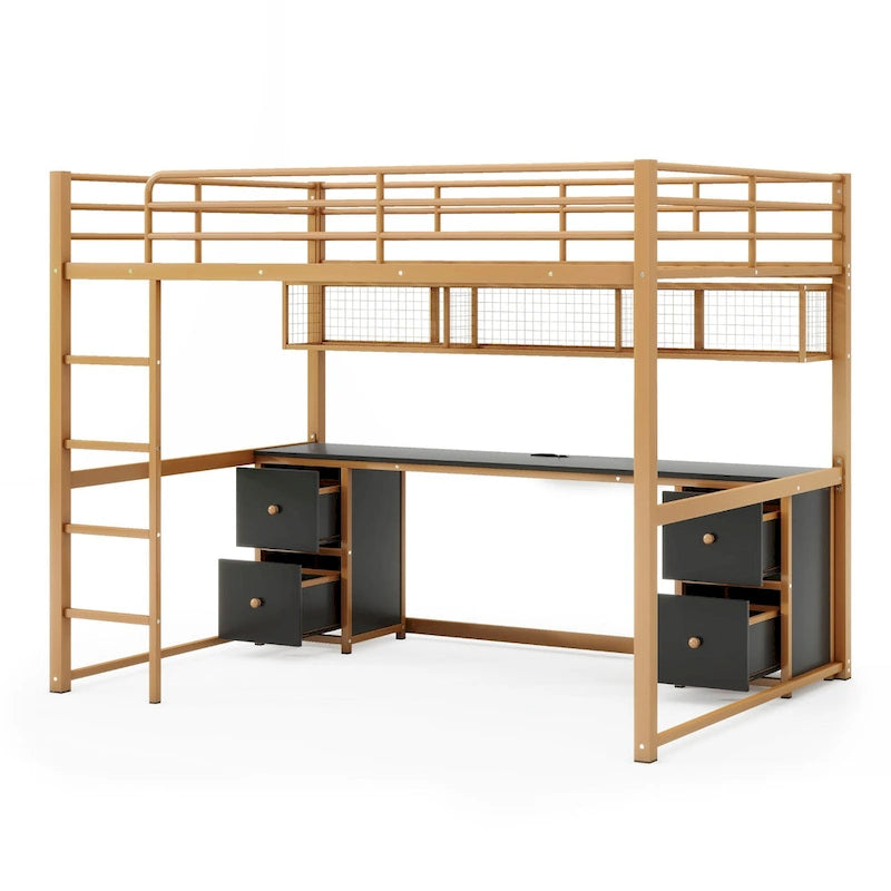 Gold+Black Full Size Metal Loft Bed with Desk, Drawers, Charging Station, and USB