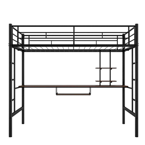 Black Full Size Metal Loft Bed with Desk and Shelf , Space Saving Design for Kids, Bedroom