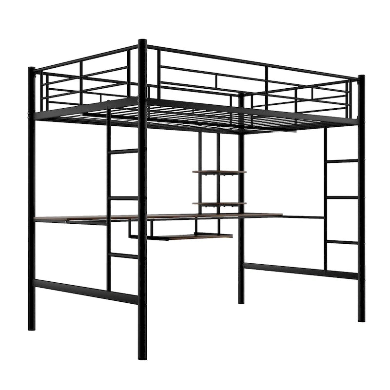 Black Full Size Metal Loft Bed with Desk and Shelf , Space Saving Design for Kids, Bedroom