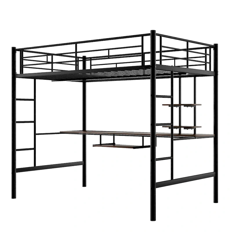 Black Full Size Metal Loft Bed with Desk and Shelf , Space Saving Design for Kids, Bedroom