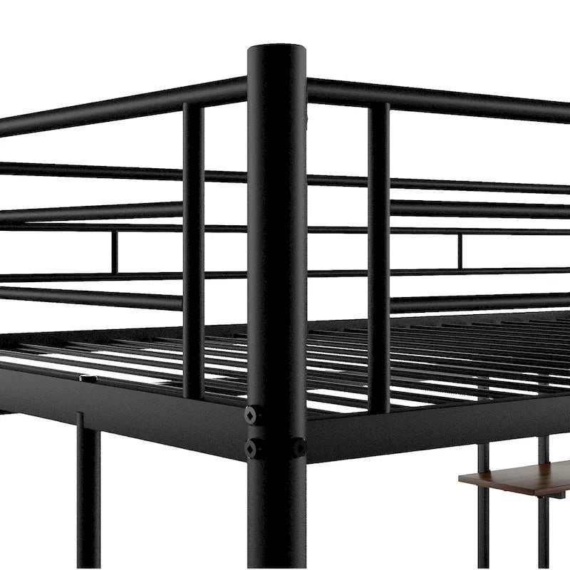 Black Full Size Metal Loft Bed with Desk and Shelf , Space Saving Design for Kids, Bedroom