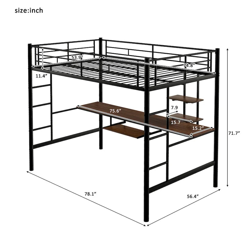 Black Full Size Metal Loft Bed with Desk and Shelf , Space Saving Design for Kids, Bedroom