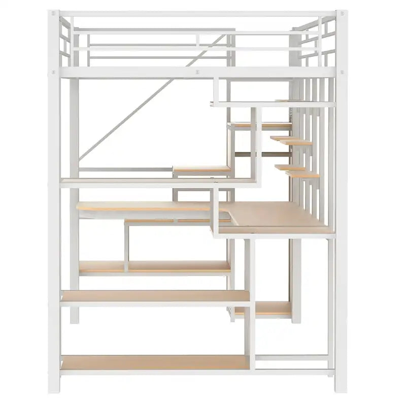 White Full Size Metal Loft Bed with Storage Staircase, Small Wardrobe, and Desk