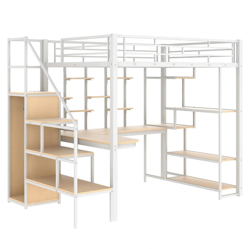 White Full Size Metal Loft Bed with Storage Staircase, Small Wardrobe, and Desk