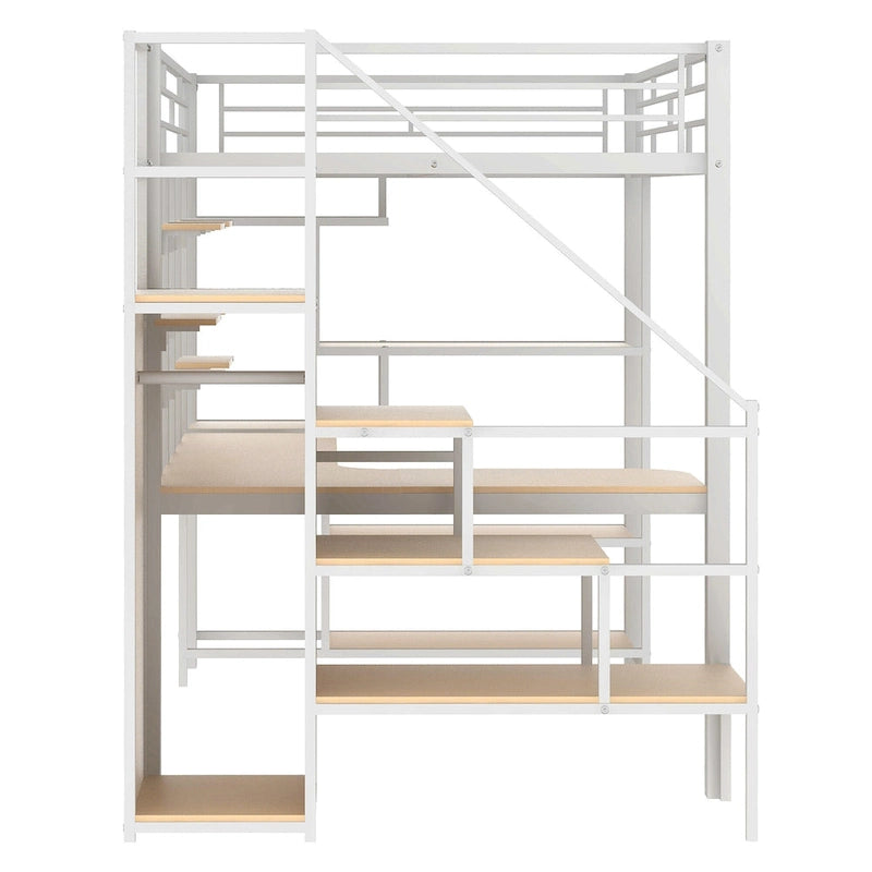 White Full Size Metal Loft Bed with Storage Staircase, Small Wardrobe, and Desk