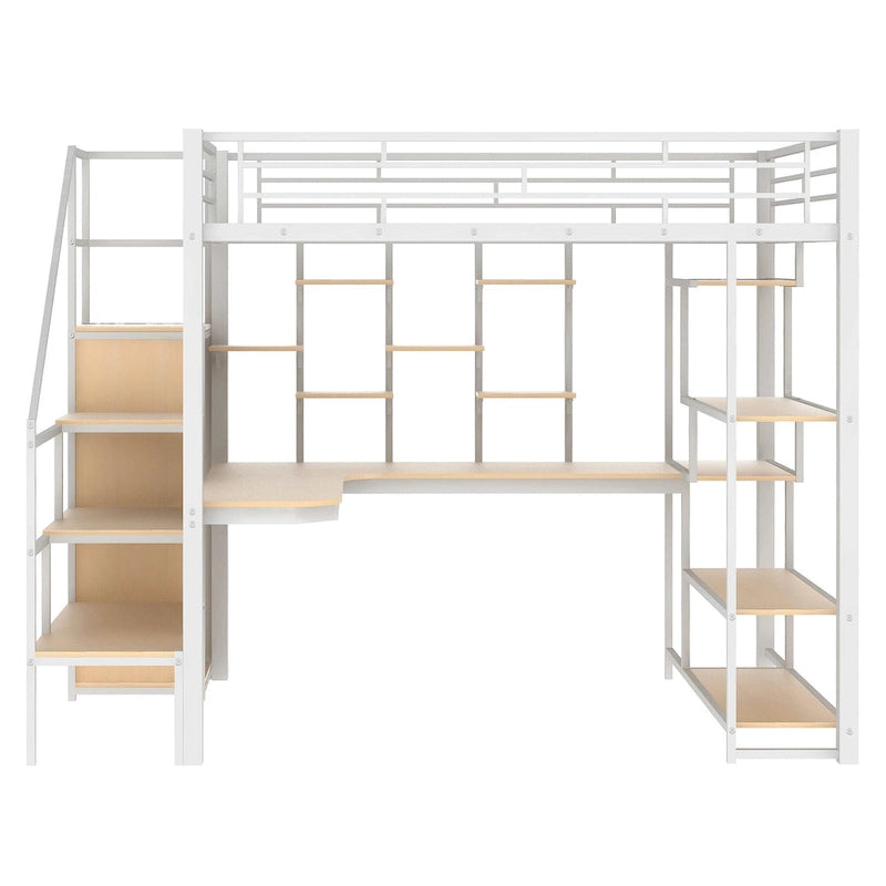 White Full Size Metal Loft Bed with Storage Staircase, Small Wardrobe, and Desk
