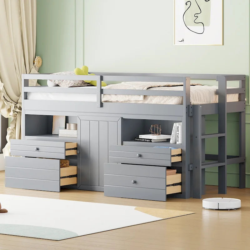 Gray Twin Size Solid Wood Loft Bed with Drawers and Cabinet