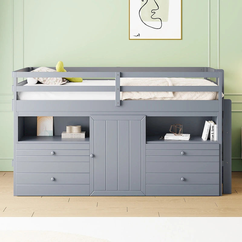 Gray Twin Size Solid Wood Loft Bed with Drawers and Cabinet