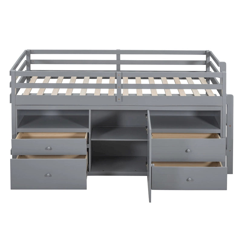 Gray Twin Size Solid Wood Loft Bed with Drawers and Cabinet