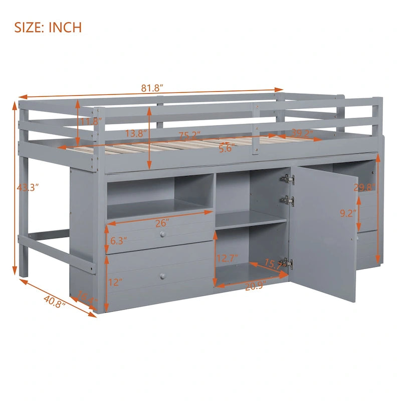 Gray Twin Size Solid Wood Loft Bed with Drawers and Cabinet