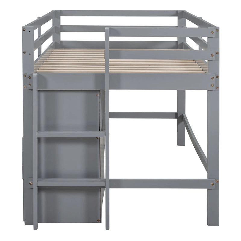 Gray Twin Size Solid Wood Loft Bed with Drawers and Cabinet