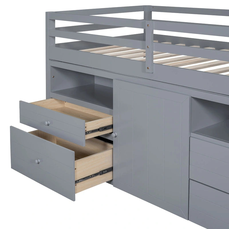 Gray Twin Size Solid Wood Loft Bed with Drawers and Cabinet