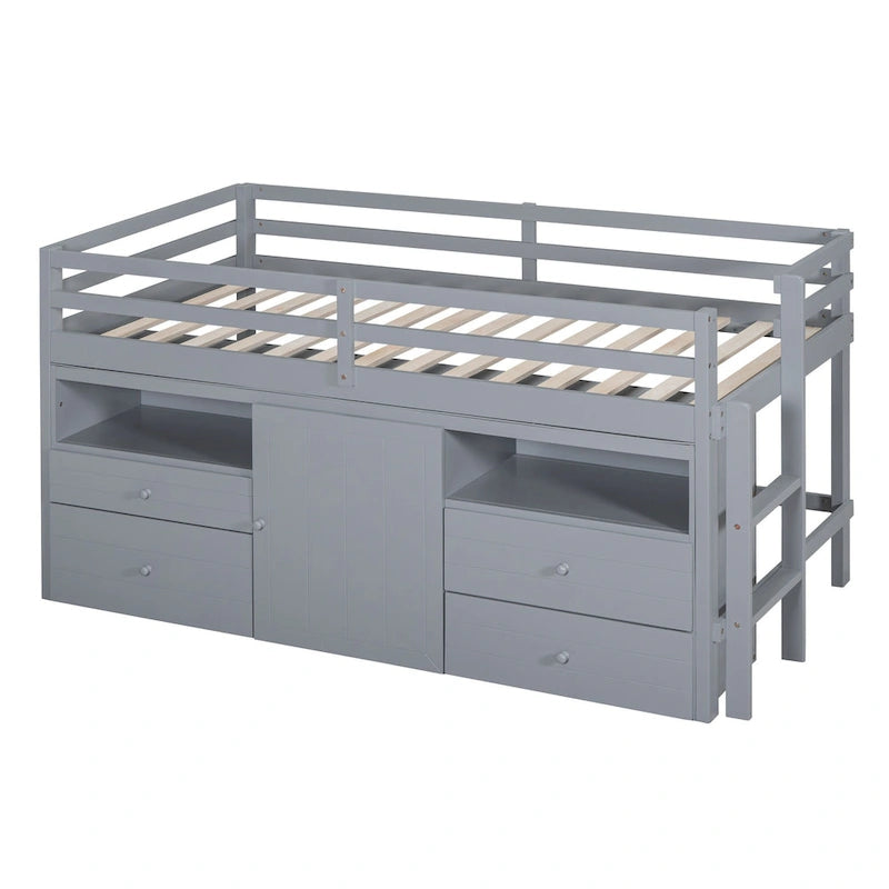 Gray Twin Size Solid Wood Loft Bed with Drawers and Cabinet