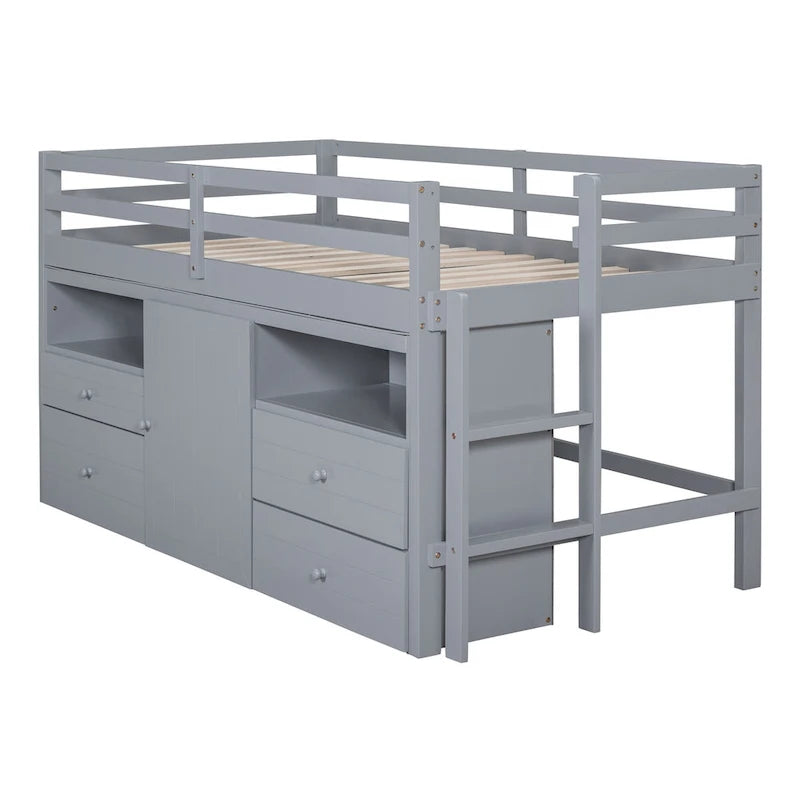 Gray Twin Size Solid Wood Loft Bed with Drawers and Cabinet