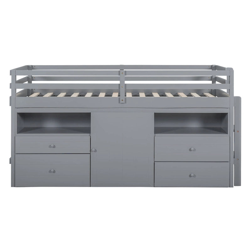 Gray Twin Size Solid Wood Loft Bed with Drawers and Cabinet