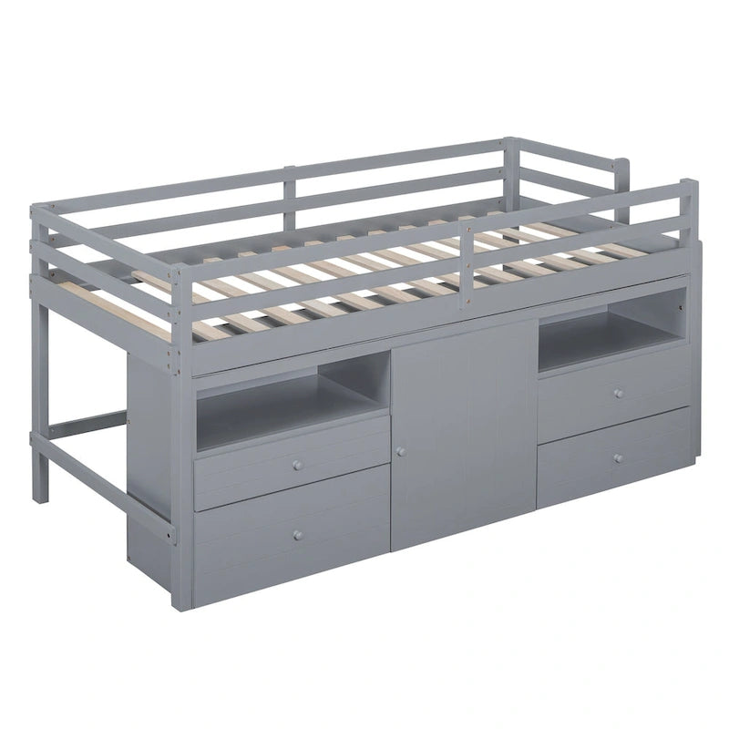 Gray Twin Size Solid Wood Loft Bed with Drawers and Cabinet