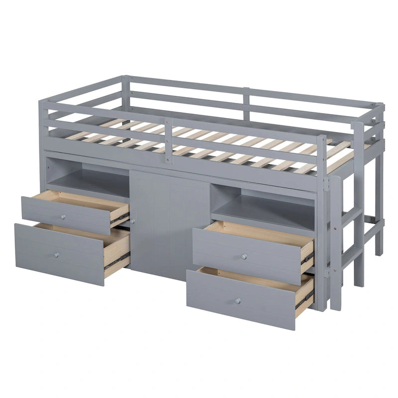 Gray Twin Size Solid Wood Loft Bed with 4 Drawers, Underneath Cabinet and Shelves