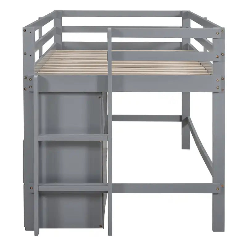 Gray Twin Size Solid Wood Loft Bed with 4 Drawers, Underneath Cabinet and Shelves