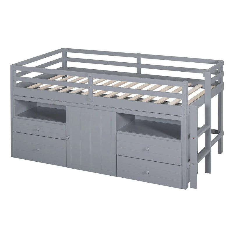 Gray Twin Size Solid Wood Loft Bed with 4 Drawers, Underneath Cabinet and Shelves