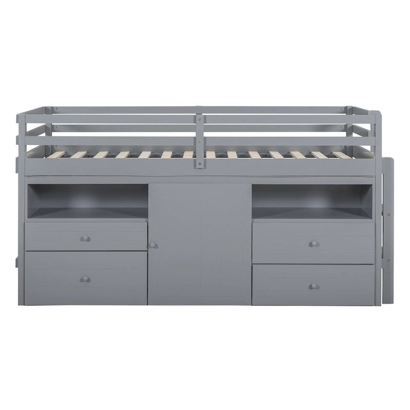 Gray Twin Size Solid Wood Loft Bed with 4 Drawers, Underneath Cabinet and Shelves