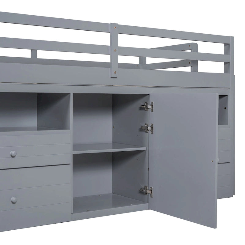 Gray Twin Size Solid Wood Loft Bed with 4 Drawers, Underneath Cabinet and Shelves