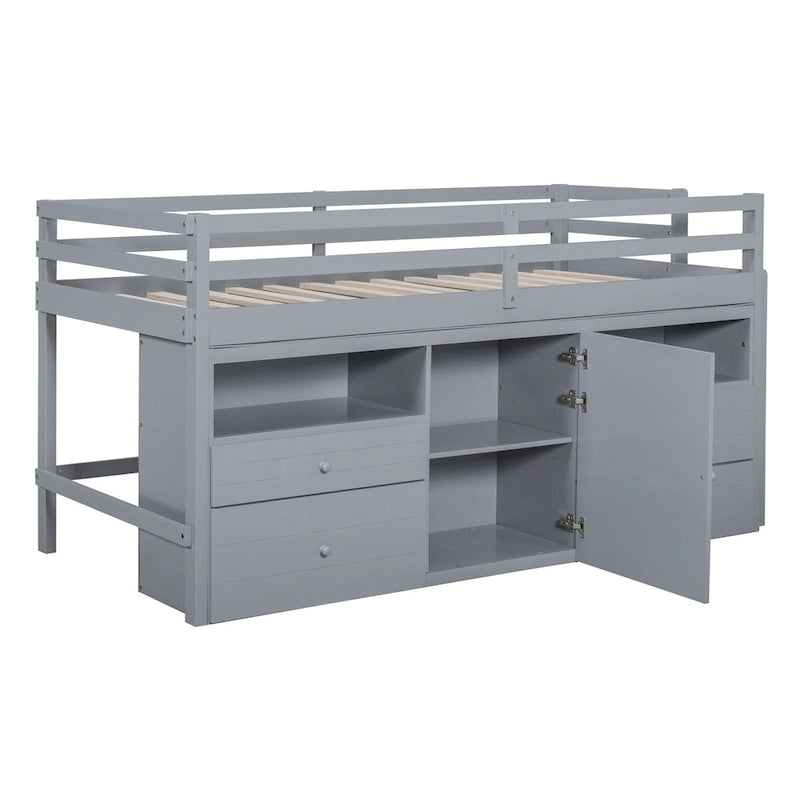 Gray Twin Size Solid Wood Loft Bed with 4 Drawers, Underneath Cabinet and Shelves