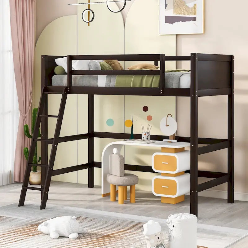 Espresso Twin Size Solid Wood Loft Bed with Ladder and Fence for Bedroom, Boys and Girls