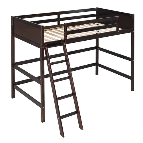 Espresso Twin Size Solid Wood Loft Bed with Ladder and Fence for Bedroom, Boys and Girls