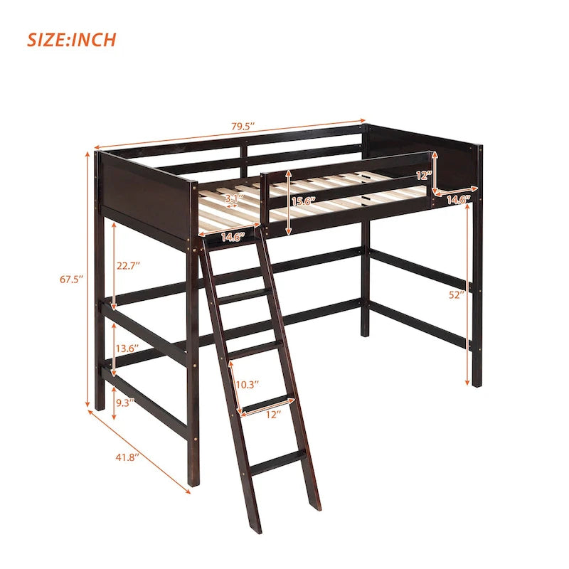 Espresso Twin Size Solid Wood Loft Bed with Ladder and Fence for Bedroom, Boys and Girls