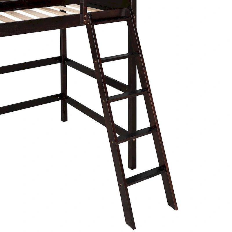 Espresso Twin Size Solid Wood Loft Bed with Ladder and Fence for Bedroom, Boys and Girls