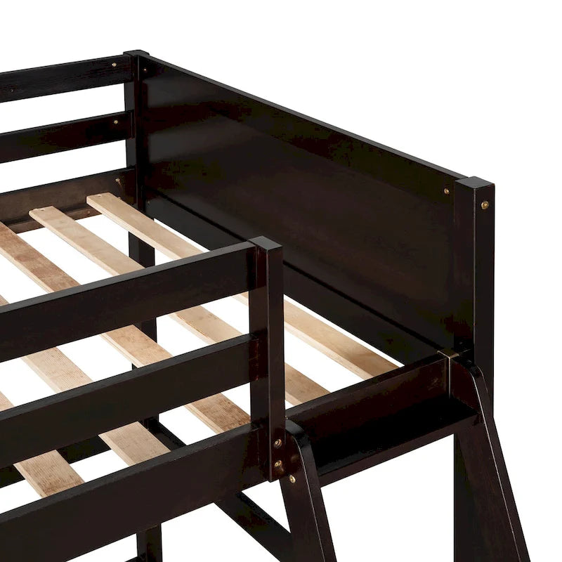 Espresso Twin Size Solid Wood Loft Bed with Ladder and Fence for Bedroom, Boys and Girls
