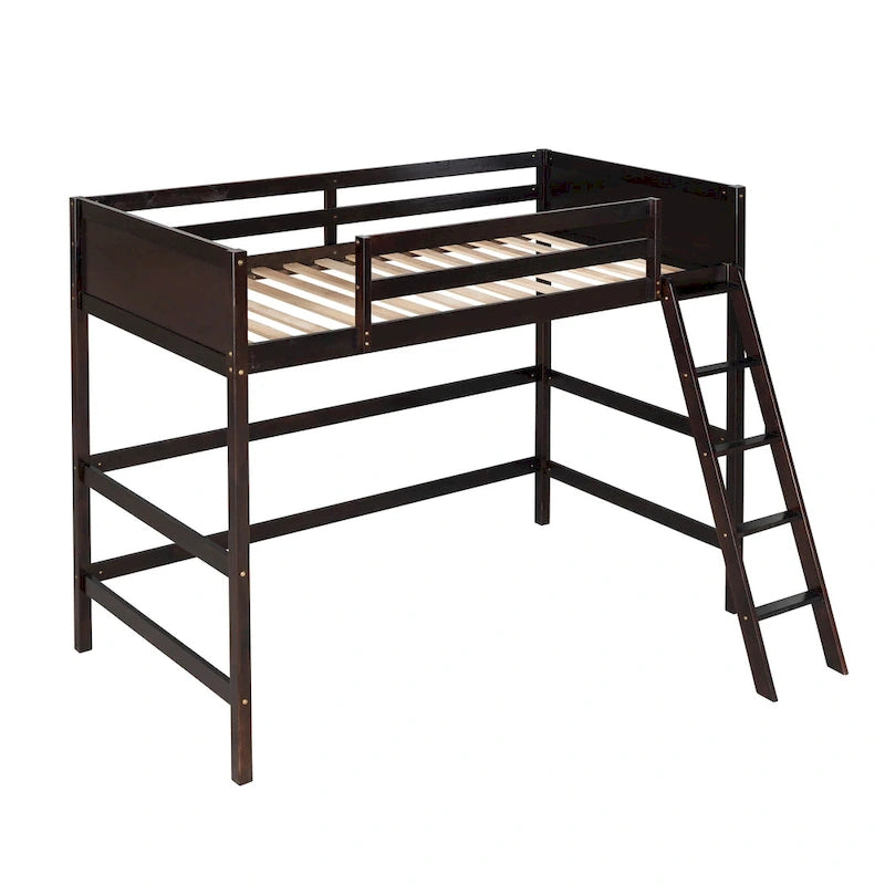Espresso Twin Size Solid Wood Loft Bed with Ladder and Fence for Bedroom, Boys and Girls