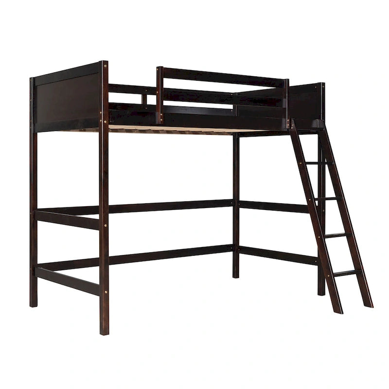 Espresso Twin Size Solid Wood Loft Bed with Ladder and Fence for Bedroom, Boys and Girls