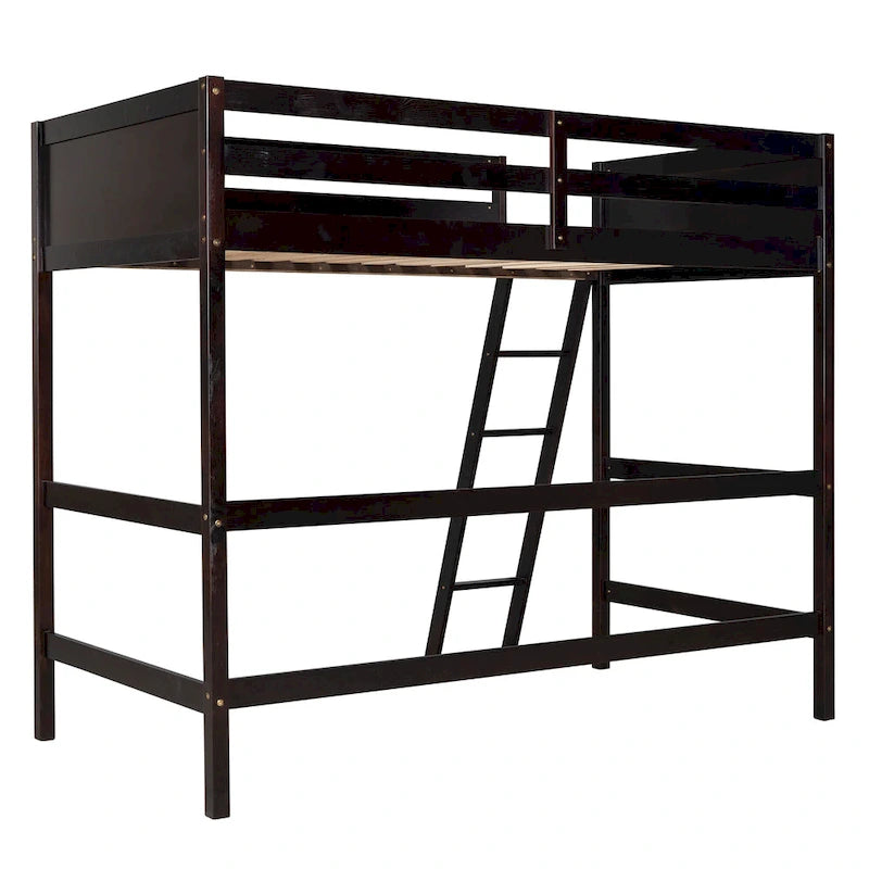 Espresso Twin Size Solid Wood Loft Bed with Ladder and Fence for Bedroom, Boys and Girls