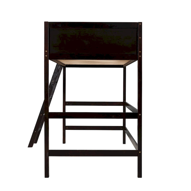 Espresso Twin Size Solid Wood Loft Bed with Ladder and Fence for Bedroom, Boys and Girls