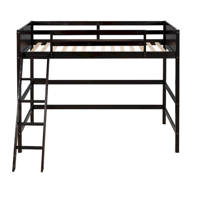 Espresso Twin Size Solid Wood Loft Bed with Ladder and Fence for Bedroom, Boys and Girls
