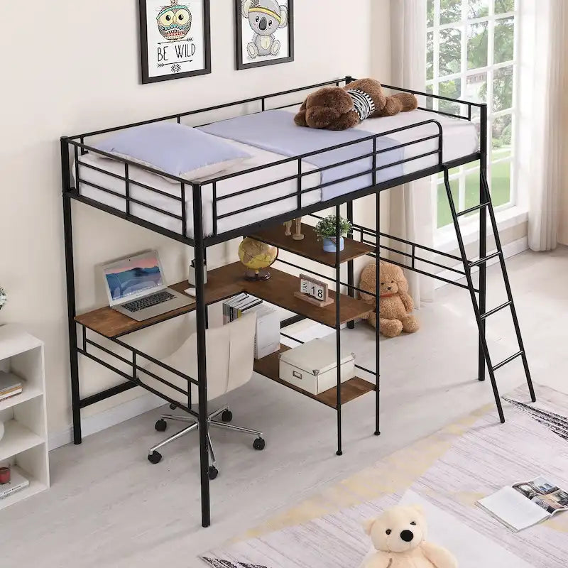 Black Twin Size Metal Loft Bed and Built-in Desk and Shelves for Kids, Boys and Girls