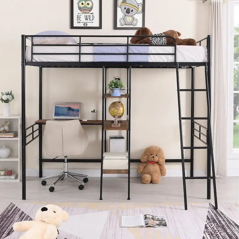 Black Twin Size Metal Loft Bed and Built-in Desk and Shelves for Kids, Boys and Girls