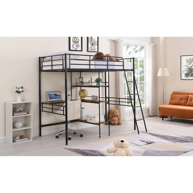 Black Twin Size Metal Loft Bed and Built-in Desk and Shelves for Kids, Boys and Girls