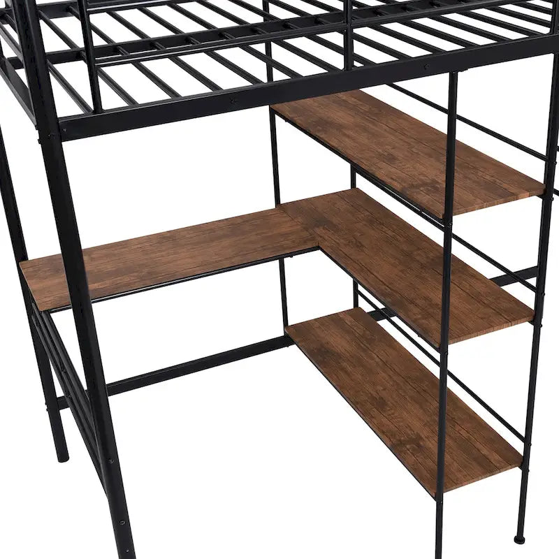 Black Twin Size Metal Loft Bed and Built-in Desk and Shelves for Kids, Boys and Girls